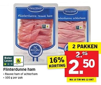 Aanbiedingen Flinterdunne ham - Zwagerman - Geldig van 10/10/2016 tot 16/10/2016 bij Lidl