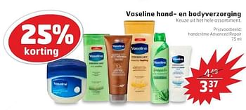 Aanbiedingen Vaseline handcrème advanced repair - Vaseline  - Geldig van 11/10/2016 tot 16/10/2016 bij Trekpleister