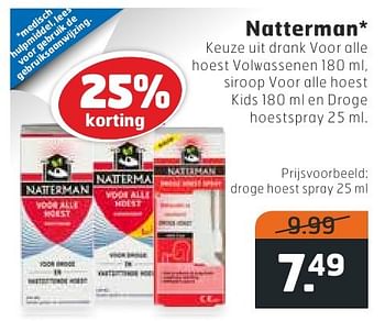 Aanbiedingen Natterman droge hoest spray - Natterman - Geldig van 11/10/2016 tot 16/10/2016 bij Trekpleister