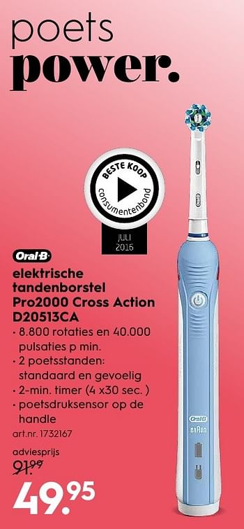 Aanbiedingen Oral-b elektrische tandenborstel pro2000 cross action d20513ca - Oral-B - Geldig van 10/10/2016 tot 19/10/2016 bij Blokker