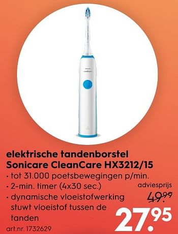 Aanbiedingen Elektrische tandenborstel sonicare cleancare hx3212-15 - Philips - Geldig van 10/10/2016 tot 19/10/2016 bij Blokker