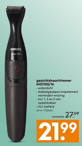Aanbiedingen Philips gezichtshaartrimmer mg1100-16 - Philips - Geldig van 10/10/2016 tot 19/10/2016 bij Blokker