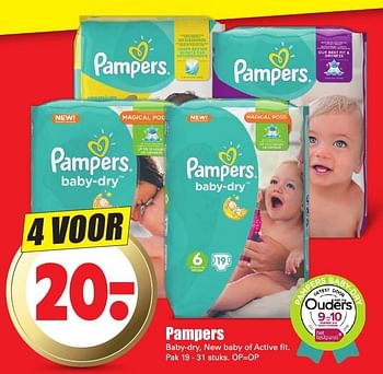 Aanbiedingen Pampers baby-dry, new baby of active fit - Pampers - Geldig van 16/10/2016 tot 22/10/2016 bij Lekker Doen