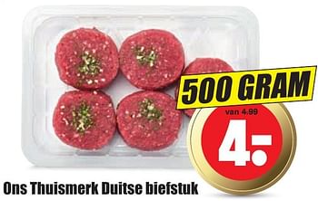 Aanbiedingen Ons thuismerk duitse biefstuk - Huismerk - Dirk - Geldig van 16/10/2016 tot 22/10/2016 bij Lekker Doen