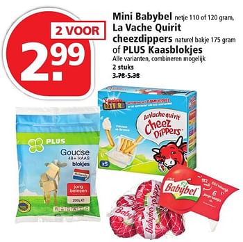 Aanbiedingen Mini babybel la vache quirit cheezdippers of plus kaasblokjes - La Vache Qui Rit - Geldig van 16/10/2016 tot 22/10/2016 bij Plus