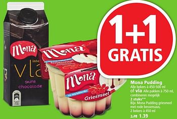 Aanbiedingen Mona pudding griesmeel met rode bessensaus - Mona - Geldig van 16/10/2016 tot 22/10/2016 bij Plus