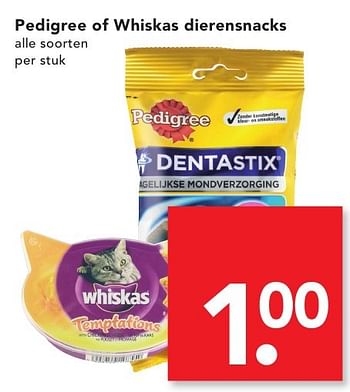 Aanbiedingen Pedigree of whiskas dierensnacks - Huismerk deen supermarkt - Geldig van 16/10/2016 tot 22/10/2016 bij Deen Supermarkten