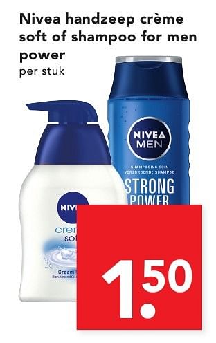 Aanbiedingen Nivea handzeep crème soft of shampoo for men power - Nivea - Geldig van 16/10/2016 tot 22/10/2016 bij Deen Supermarkten