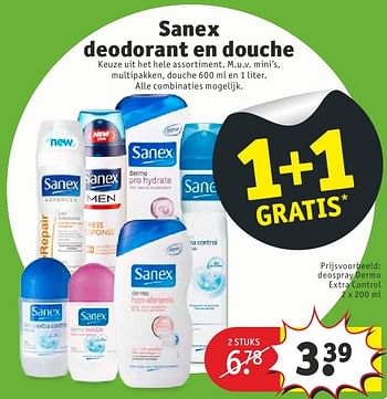 Aanbiedingen Sanex deodorant en douche deospray dermo extra control - Sanex - Geldig van 11/10/2016 tot 23/10/2016 bij Kruidvat