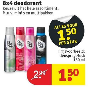 Aanbiedingen 8x4 deodorant deospray musk - 8x4 - Geldig van 11/10/2016 tot 23/10/2016 bij Kruidvat