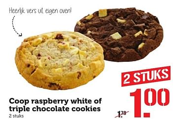 Aanbiedingen Coop raspberry white of triple chocolate cookies - Huismerk - Coop - Geldig van 17/10/2016 tot 23/10/2016 bij Coop