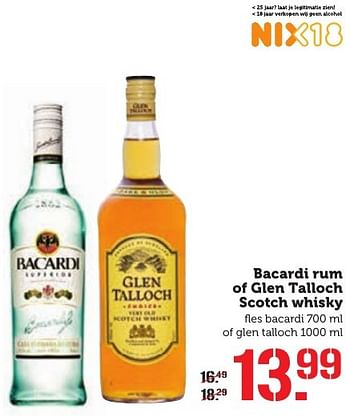 Aanbiedingen Bacardi rum of glen talloch scotch whisky - Bacardi - Geldig van 17/10/2016 tot 23/10/2016 bij Coop