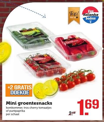 Aanbiedingen Mini groentesnacks komkommer, tros cherry tomaatjes of puntpaprika - Huismerk - Coop - Geldig van 17/10/2016 tot 23/10/2016 bij Coop