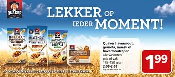Aanbiedingen Quaker havermout, granola, muesli of havermoutrepen - Quaker - Geldig van 17/10/2016 tot 23/10/2016 bij Jan Linders