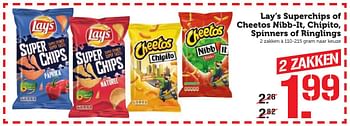 Aanbiedingen Lay`s superchips of cheetos nibb-it, chipito, spinners of ringlings - Lay's - Geldig van 17/10/2016 tot 23/10/2016 bij Coop