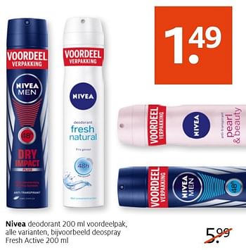 Aanbiedingen Nivea deospray fresh active - Nivea - Geldig van 10/10/2016 tot 23/10/2016 bij Etos