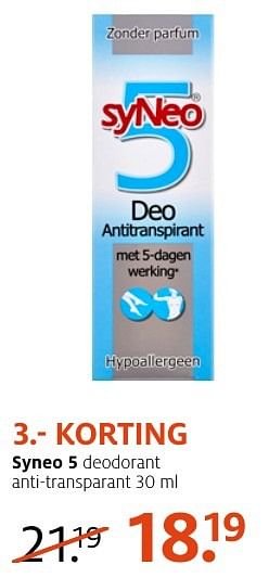 Aanbiedingen Syneo 5 deodorant anti-transparant - Syneo - Geldig van 10/10/2016 tot 23/10/2016 bij Etos