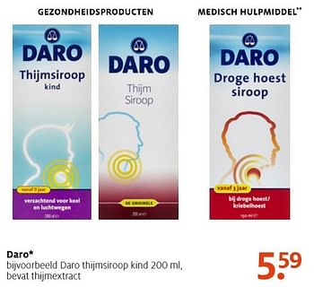 Aanbiedingen Daro thijmsiroop kind 200 ml, bevat thijmextract - Daro - Geldig van 10/10/2016 tot 23/10/2016 bij Etos