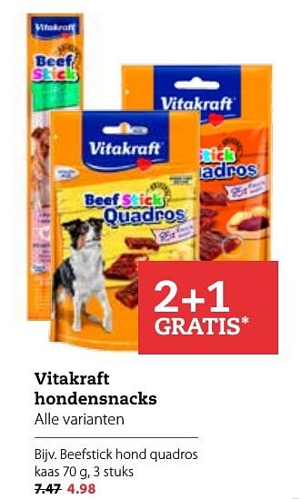 Aanbiedingen Beefstick hond quadros kaas - Vitakraft - Geldig van 17/10/2016 tot 30/10/2016 bij Pets Place