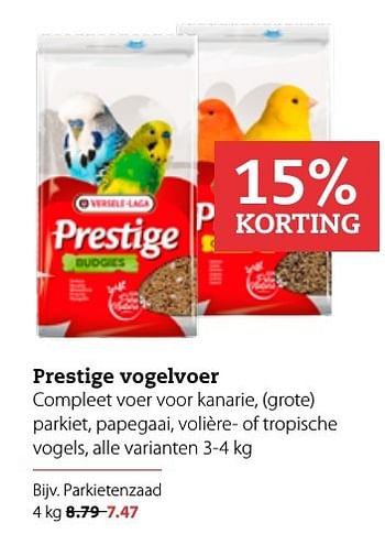 Aanbiedingen Prestige vogelvoer parkietenzaad - Versele-Laga - Geldig van 17/10/2016 tot 30/10/2016 bij Pets Place