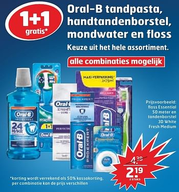 Aanbiedingen Floss essential 50 meter en tandenborstel 3d white fresh medium - Oral-B - Geldig van 18/10/2016 tot 30/10/2016 bij Trekpleister