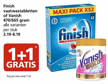 Aanbiedingen Finish vaatwastabletten of vanish - Finish - Geldig van 24/10/2016 tot 30/10/2016 bij Jan Linders