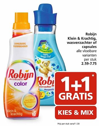 Aanbiedingen Robijn klein + krachtig, wasverzachter of capsules - Robijn - Geldig van 24/10/2016 tot 30/10/2016 bij Jan Linders