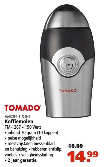 Aanbiedingen Tomado koffiemolen tm-1287 - Tomado - Geldig van 21/10/2016 tot 02/11/2016 bij Marskramer