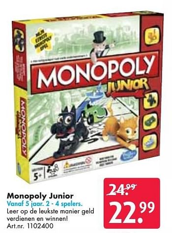 Aanbiedingen Monopoly junior - Hasbro - Geldig van 24/09/2016 tot 07/12/2016 bij Bart Smit
