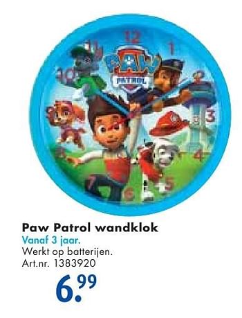 Aanbiedingen Paw patrol wandklok - PAW  PATROL - Geldig van 24/09/2016 tot 07/12/2016 bij Bart Smit