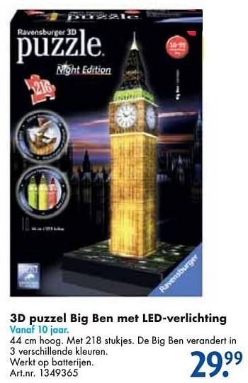 Aanbiedingen 3d puzzel big ben met led-verlichting - Ravensburger - Geldig van 24/09/2016 tot 07/12/2016 bij Bart Smit