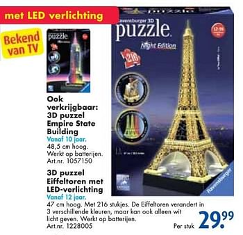 Aanbiedingen 3d puzzel eiffeltoren met led-verlichting - Ravensburger - Geldig van 24/09/2016 tot 07/12/2016 bij Bart Smit