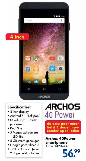 Aanbiedingen Archos 40power smartphone - Archos - Geldig van 24/09/2016 tot 07/12/2016 bij Bart Smit