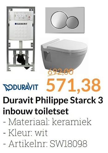 Aanbiedingen Duravit philippe starck 3 inbouw toiletset - Duravit - Geldig van 01/11/2016 tot 30/11/2016 bij Sanitairwinkel