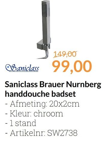 Aanbiedingen Saniclass brauer nurnberg handdouche badset - Saniclass - Geldig van 01/11/2016 tot 30/11/2016 bij Sanitairwinkel