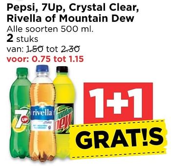 Aanbiedingen Pepsi, 7up, crystal clear, rivella of mountain dew - Huismerk Vomar - Geldig van 30/10/2016 tot 05/11/2016 bij Vomar