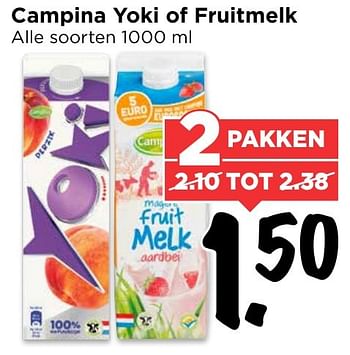 Aanbiedingen Campina yoki of fruitmelk - Campina - Geldig van 30/10/2016 tot 05/11/2016 bij Vomar