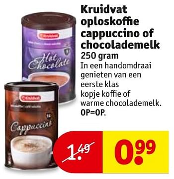 Aanbiedingen Kruidvat oploskoffie cappuccino of chocolademelk - Huismerk - Kruidvat - Geldig van 01/11/2016 tot 06/11/2016 bij Kruidvat