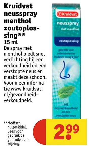 Aanbiedingen Kruidvat neusspray menthol zoutoplossing - Huismerk - Kruidvat - Geldig van 01/11/2016 tot 06/11/2016 bij Kruidvat