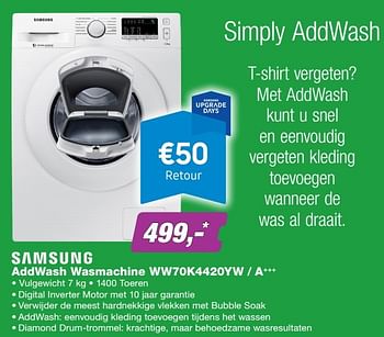 Aanbiedingen Samsung addwash wasmachine ww70k4420yw - a+++ - Samsung - Geldig van 17/10/2016 tot 04/12/2016 bij ElectronicPartner