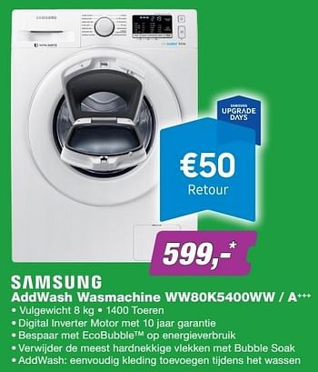 Aanbiedingen Samsung addwash wasmachine ww80k5400ww - a+++ - Samsung - Geldig van 17/10/2016 tot 04/12/2016 bij ElectronicPartner