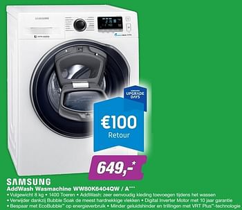 Aanbiedingen Samsung addwash wasmachine ww80k6404qw - a+++ - Samsung - Geldig van 17/10/2016 tot 04/12/2016 bij ElectronicPartner