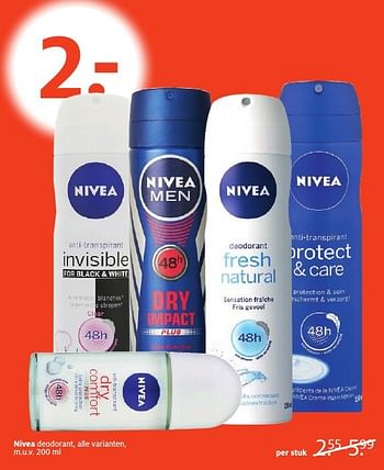 Aanbiedingen Nivea deodorant, alle varianten - Nivea - Geldig van 24/10/2016 tot 06/11/2016 bij Etos