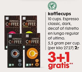 Aanbiedingen Koffiecups 10 cups. espresso classic, dark, decaf of ristretto en lungo regular of ultimo - Huismerk - Hema - Geldig van 17/10/2016 tot 06/11/2016 bij Hema