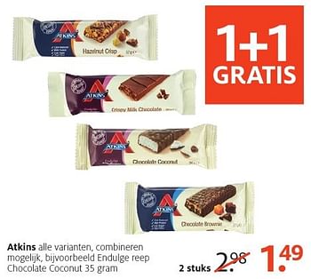 Aanbiedingen Endulge reep chocolate coconut - Atkins - Geldig van 24/10/2016 tot 06/11/2016 bij Etos