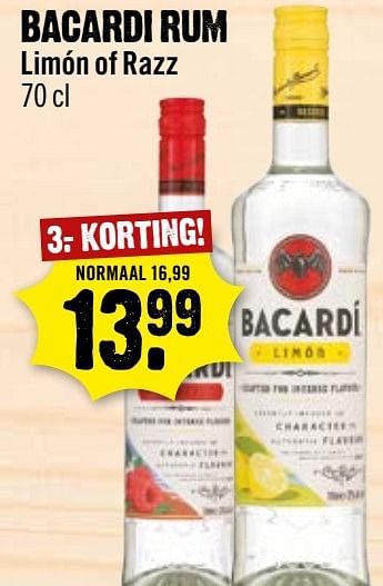 Aanbiedingen Bacardi rum limón of razz - Bacardi - Geldig van 30/10/2016 tot 05/11/2016 bij Dirk III