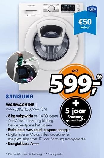 Aanbiedingen Samsung wasmachine ww80k5400ww-en - Samsung - Geldig van 31/10/2016 tot 06/11/2016 bij Expert