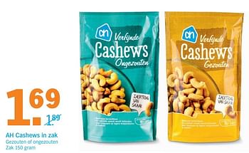 Aanbiedingen Ah cashews in zak gezouten of ongezouten - Huismerk - Albert Heijn - Geldig van 31/10/2016 tot 06/11/2016 bij Albert Heijn