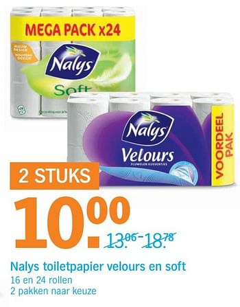 Aanbiedingen Nalys toiletpapier velours en soft - Nalys - Geldig van 31/10/2016 tot 06/11/2016 bij Albert Heijn