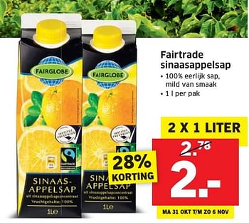 Aanbiedingen Fairtrade sinaasappelsap - Fair Trade - Geldig van 31/10/2016 tot 06/11/2016 bij Lidl